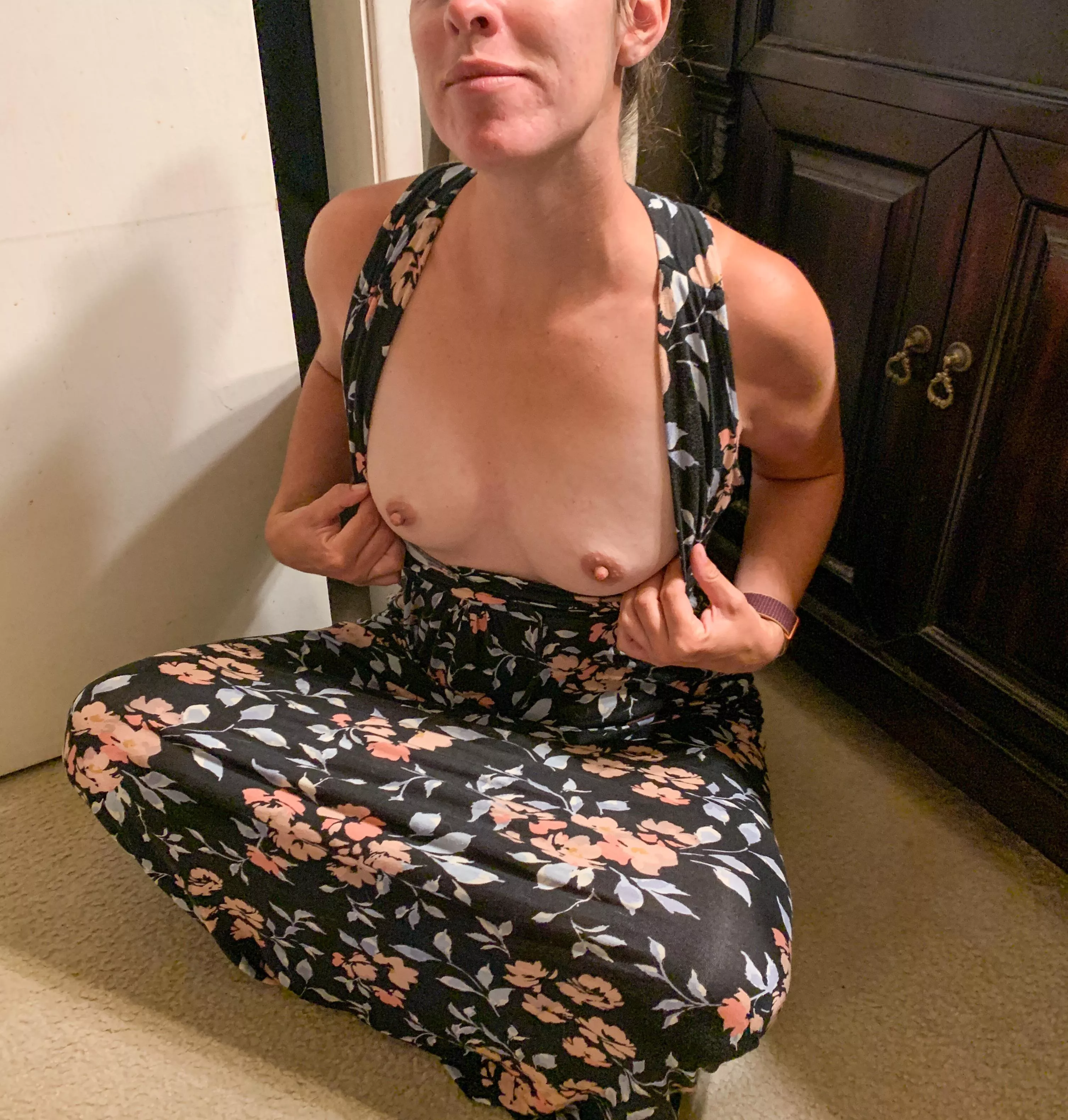 Flashing my little tits for my husband.