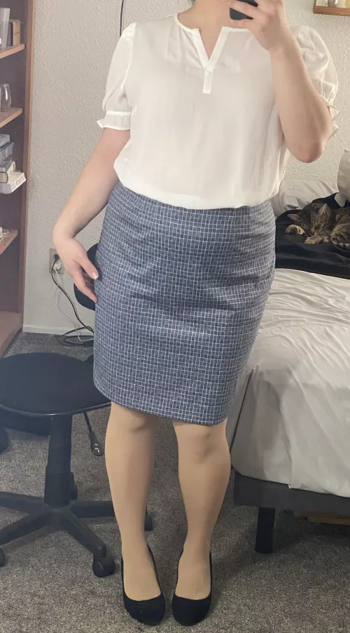 My mistress took me shopping for new work clothes. I made fun of this blouse for looking like it was made for a little girl…. So she bought it for me to wear, along with this skirt 😥