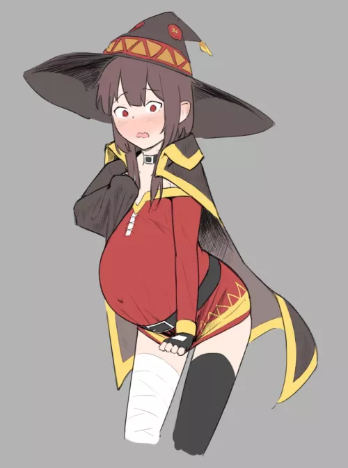 LF Color Source: 1girl, konosuba, megumin, pregnant, belt, cape, witch, hat, brown hair, red eyes, blushing, embarrassed, bandages, black leggings, pulling down skirt, choker, red dress