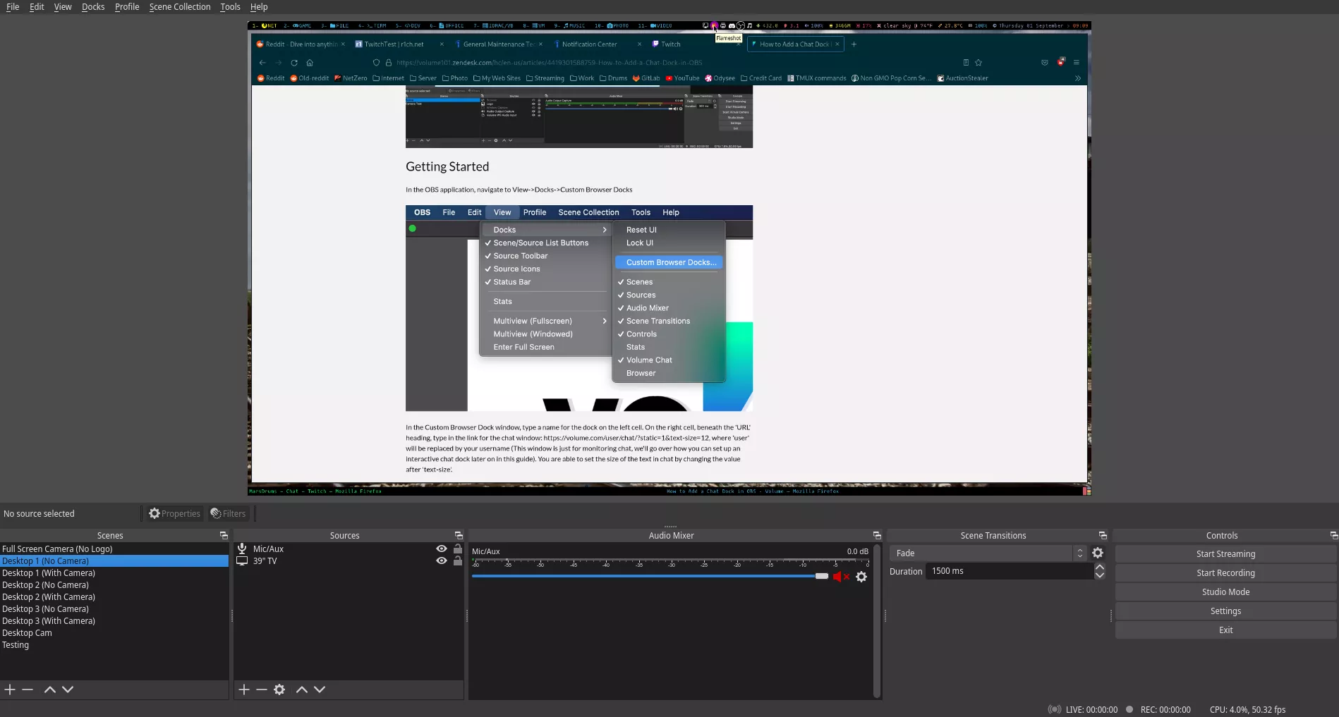 Trying to add Chat Dock in OBS. This is my issue, in the picture, I'm looking at a site that is describing where I need to go. You can see in actual OBS, mine looks much different than what's on the site. How do I put a Chat Dock for Twitch in my OBS p