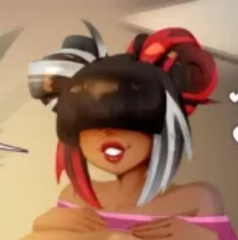 LF Color Source 1girl, large lips, red lips, dark skin, double buns, space buns, hair over eyes, bangs, multicolored hair, red hair, white hair, heart, pink shirt