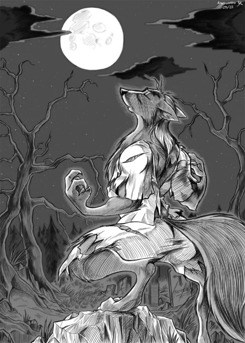 Werewolf howling at moon (art by me)