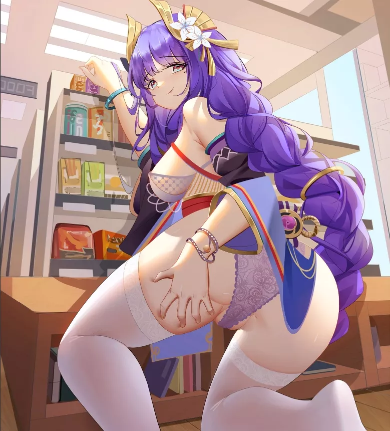 Color 1girl, bare shoulders, books, bracelet, braided ponytail, from behind, hand on own thigh, indoors, kneeling, long hair, looking at viewer, looking back, mole under eye, purple hair, purple panties, raiden shogun (genshin impact), shelf, sideboob, s