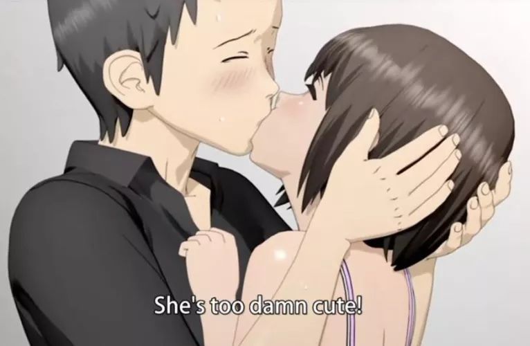 LF color source: 1girl, 1boy, short hair, brown hair, black shirt, kissing, “She’s too damn cute!”