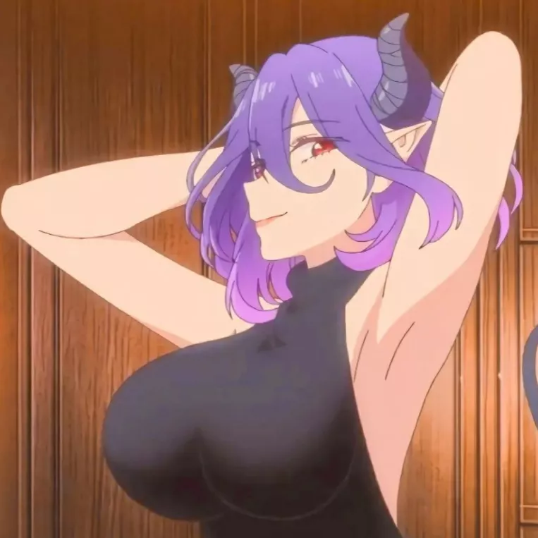 LF Color Source: 1girl, armpit, arms up, demon girl, demon tail, hair between eyes, horns, large breasts, looking at viewer, medium hair, pointy ears, purple hair, red eyes, smile, succubus, virgin killer sweater