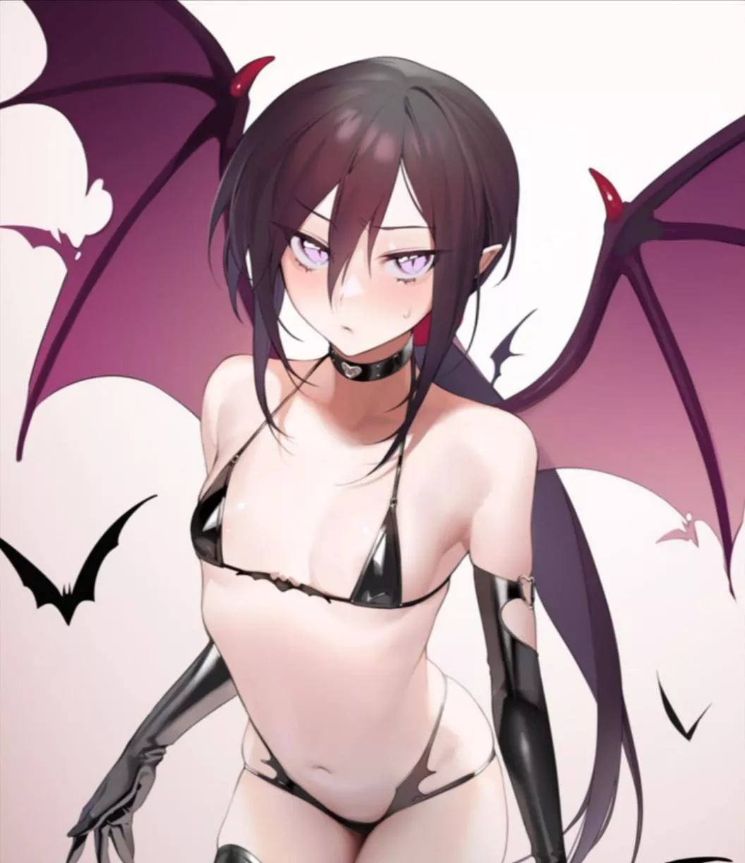 LF Color Source: 1girl, armpit crease, bat, black bikini, black gloves, black thighhighs, brown hair, choker, demon girl, demon wings, elbow gloves, hair between eyes, latex, long hair, looking at viewer, low ponytail, micro bikini, pointy ears, purple e