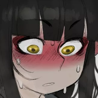 LF Color Source: 1girl, yellow eyes, black hair, blushing, sweating, looking down