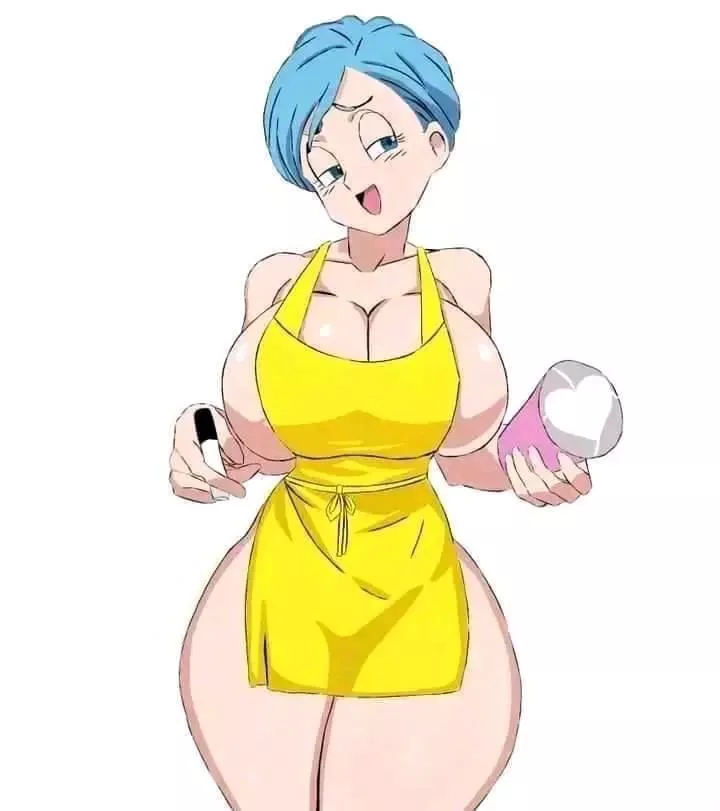 LF Color Source: Bulma, big tits, large thighs, light blue hair, blushing, fair skin, squinting eyes, big ass, short hair, yellow kitchen apron, pink cup, slim hips