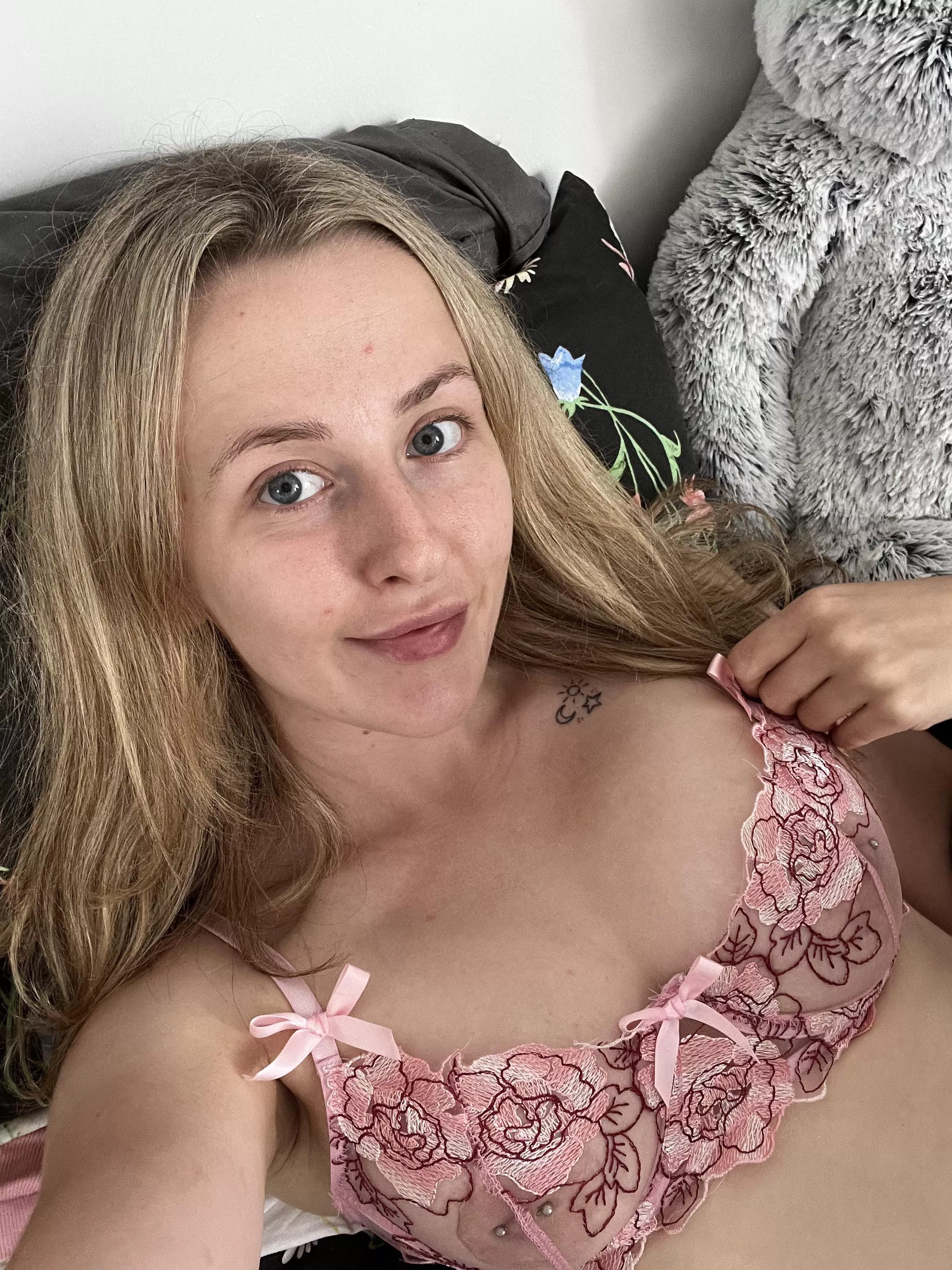 (F) in bed waiting for him to get out of the shower