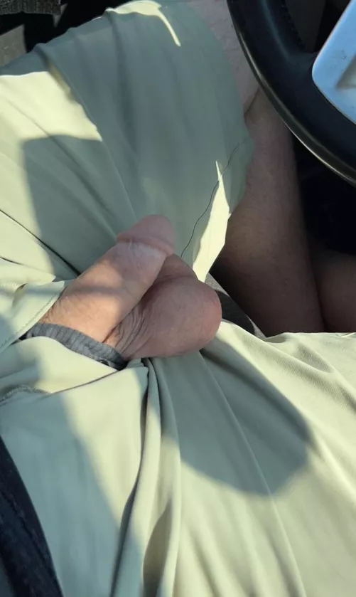 Driving for work today with my soft cock hanging out