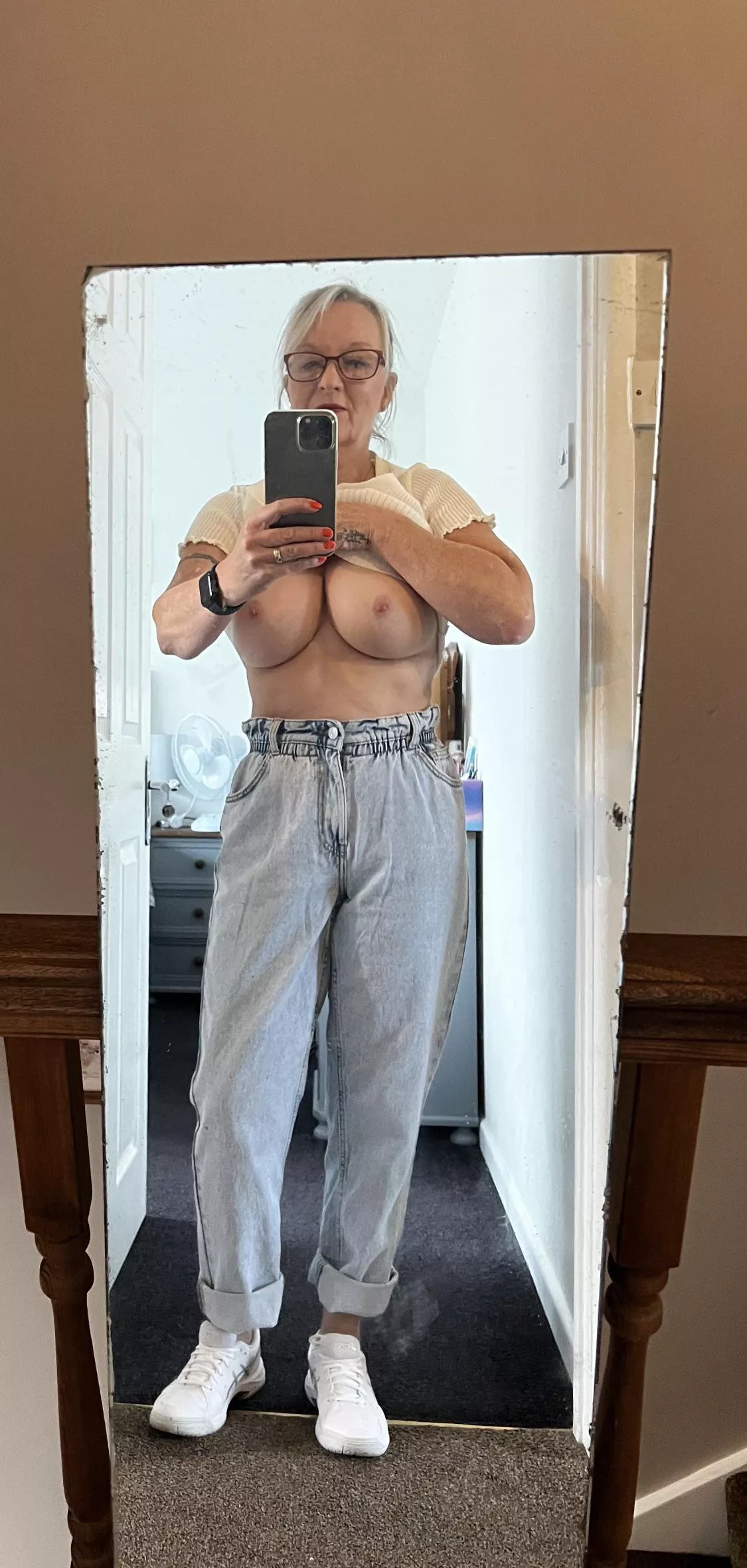I maybe 55 yrs old but I do love my tits. Hope you do. I would love to show you more so check out my OF link in the comments 💋