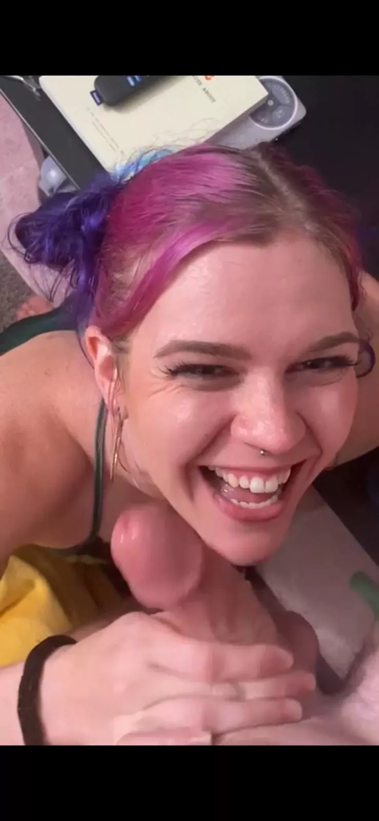 Just a girl in her happiest place, on my knees about to put a cock down my throat.