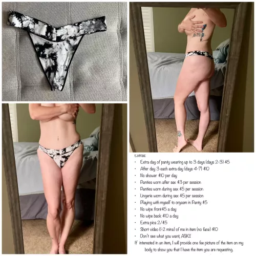 [selling] $35 thong, at least 24 hr wear. Included shipping. These panties hold my sent so well, a day is all you need to get more than a hint of me. I can wear them longer though. Let’s chat about what you want.