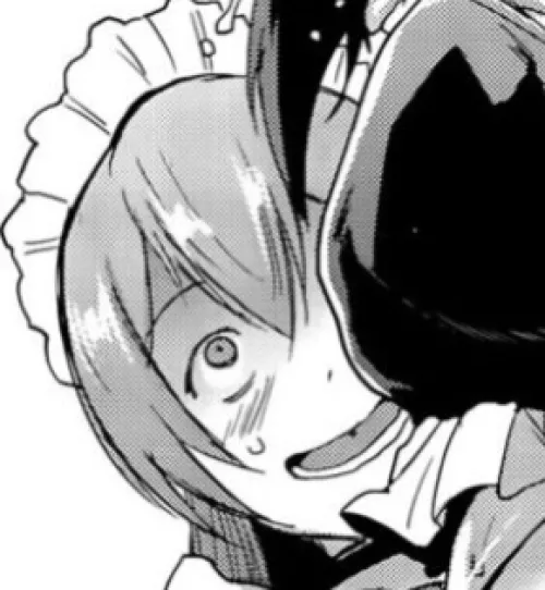 LF Mono Source: 2girls, black hair, blush, close up, drool, face, frilled sleeves, frills, hair between eyes, light hair, long hair, looking up, lower teeth, maid, maid headdress, open mouth, saliva, surprised/shocked, sweatdrop, wide-eyed