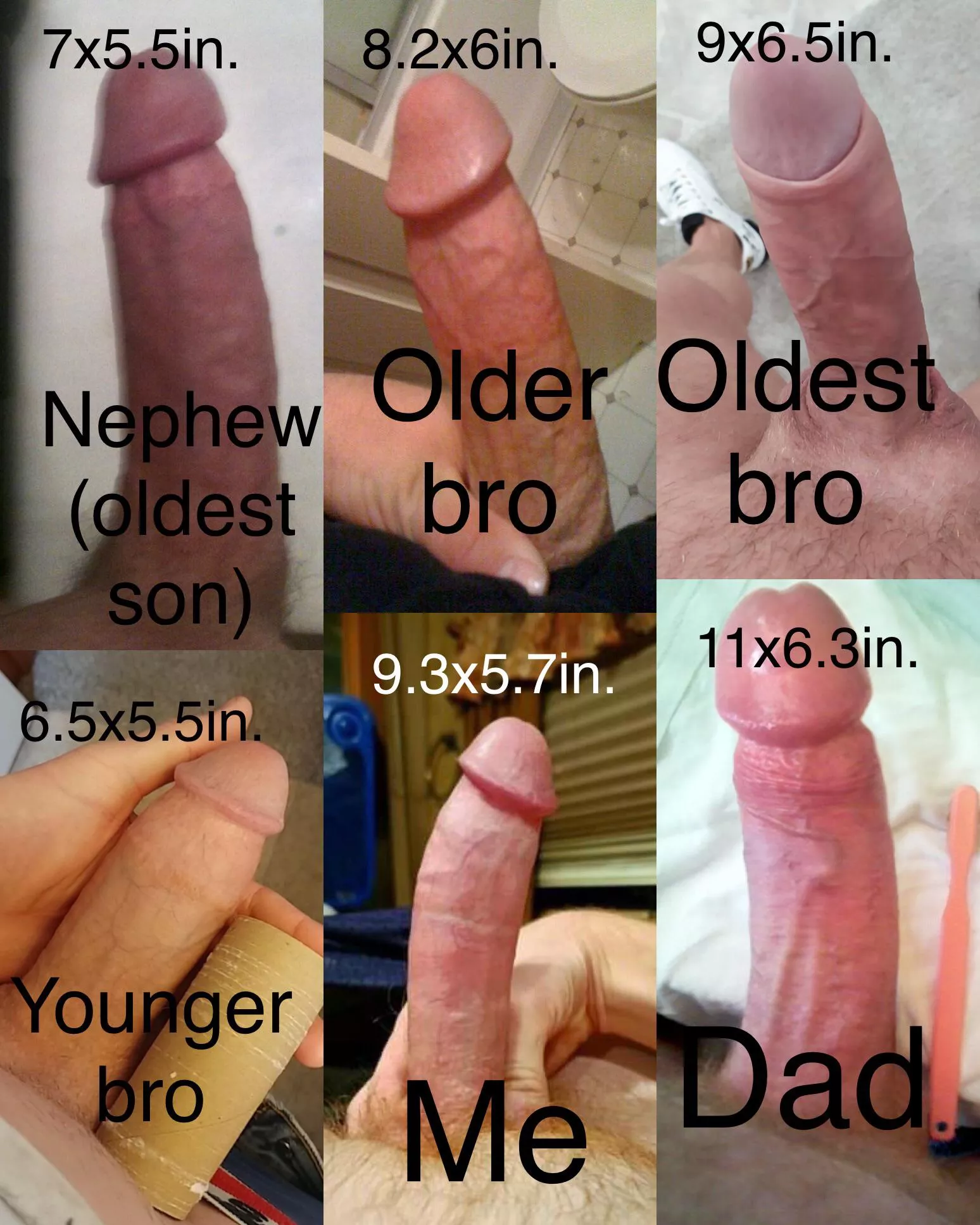 Our cocks and estimated sizes! Myself and my 3 brothers and our dad plus my nephew (just turned 18!!). Anyone else see their dad or brothers cocks before? #realdadandsonscockcompare #cockcomparewithdad oh yeah and no I don’t why my oldest brother and d