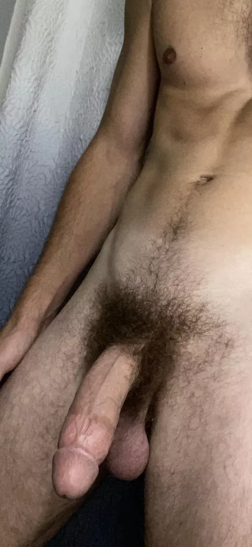 Skinny boy with a big hairy cock