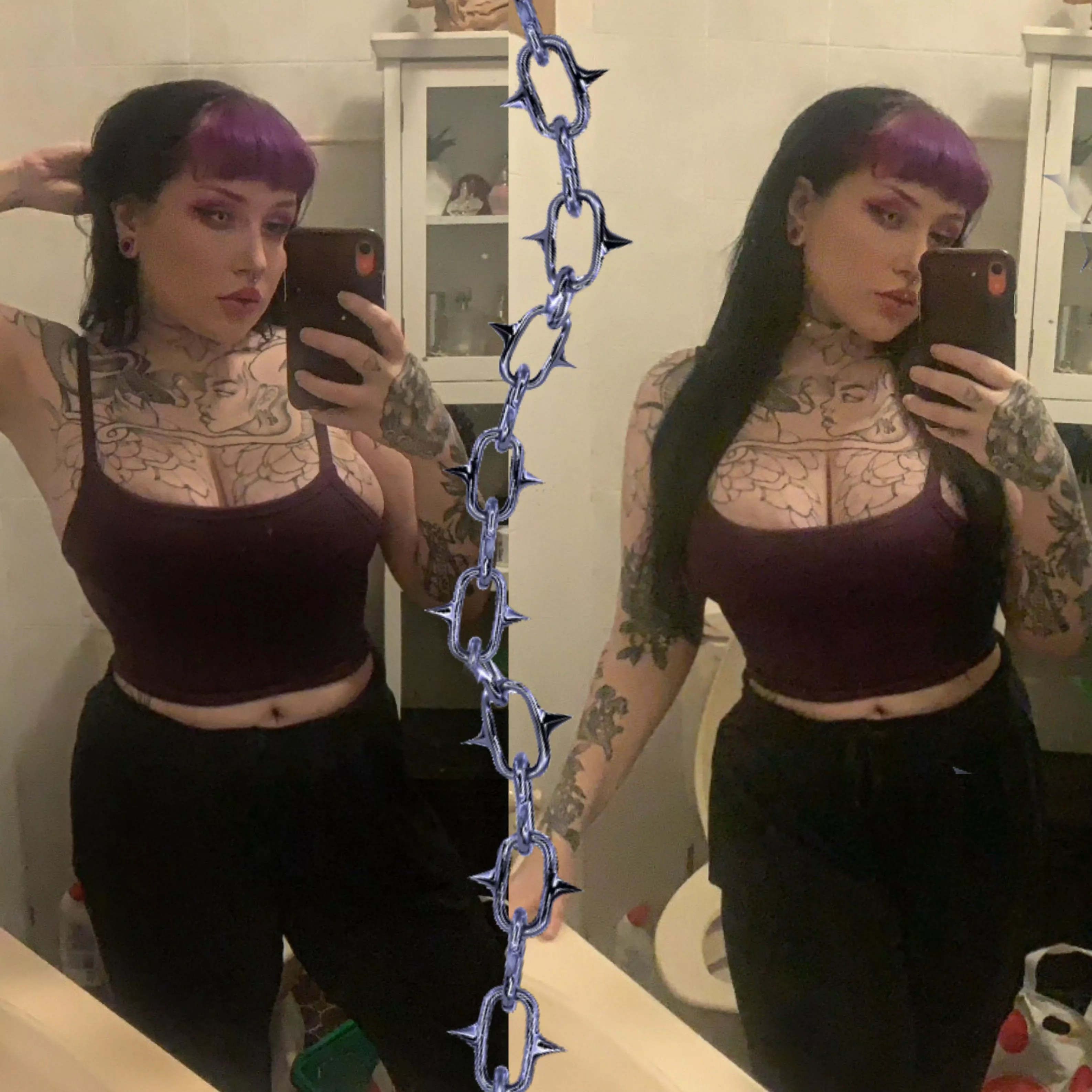 I’m an aspiring goth bimbo, my goal is to become a bimbo succubus 😈 I love blasphemy and want to suck the souls out of dicks with my big cock pillows, my natural tits are big but could be bigger, and my waist and ass need work to get me that hourgla