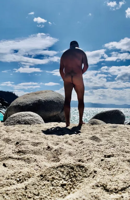 Let’s flirt on the nude beach in public and then find a private spot to suck each other’s cocks!