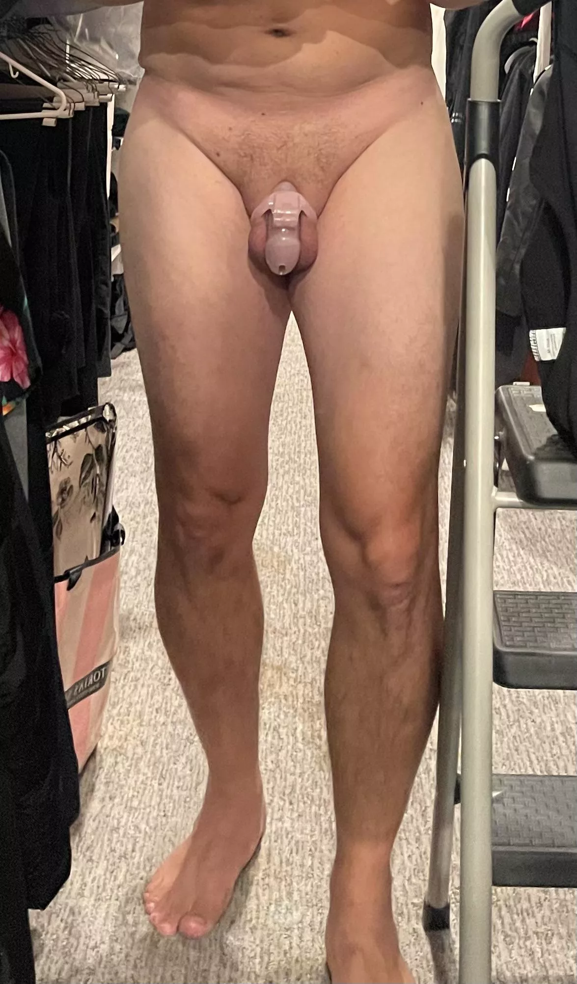 1st time in a cage! Tough to get on at first, but pretty comfortable now.. been about 30 mins and my wife has the keys!