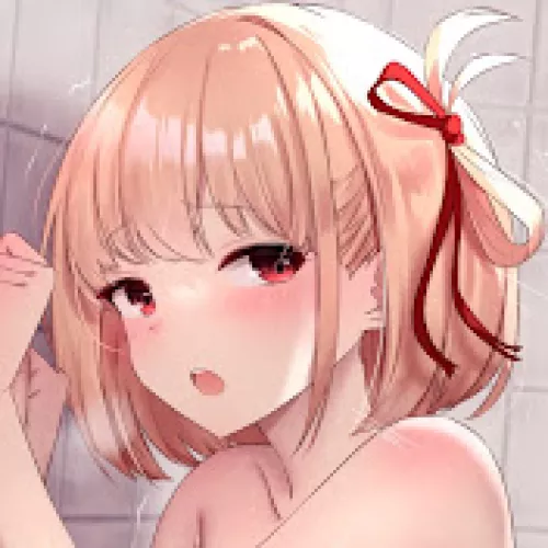 LF Color Source: 1girl, naked, leaning on wall, red eyes, blonde hair, red hair ribbon, short hair