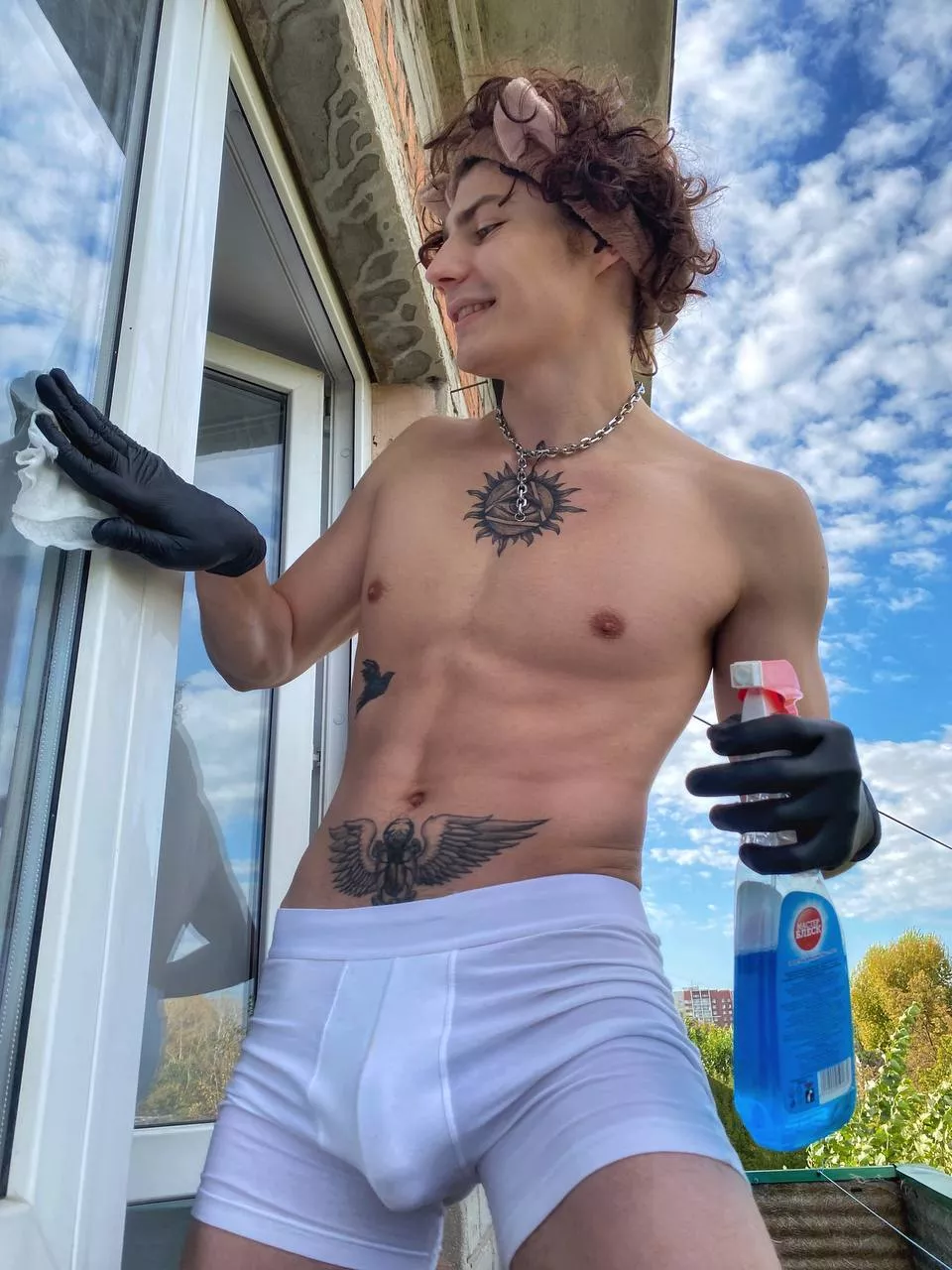 On weekends, I go out to my balcony to wash the windows in my underpants, it turns me on to flirt with the neighbors opposite. Especially if they are a couple, but still one of them wants me