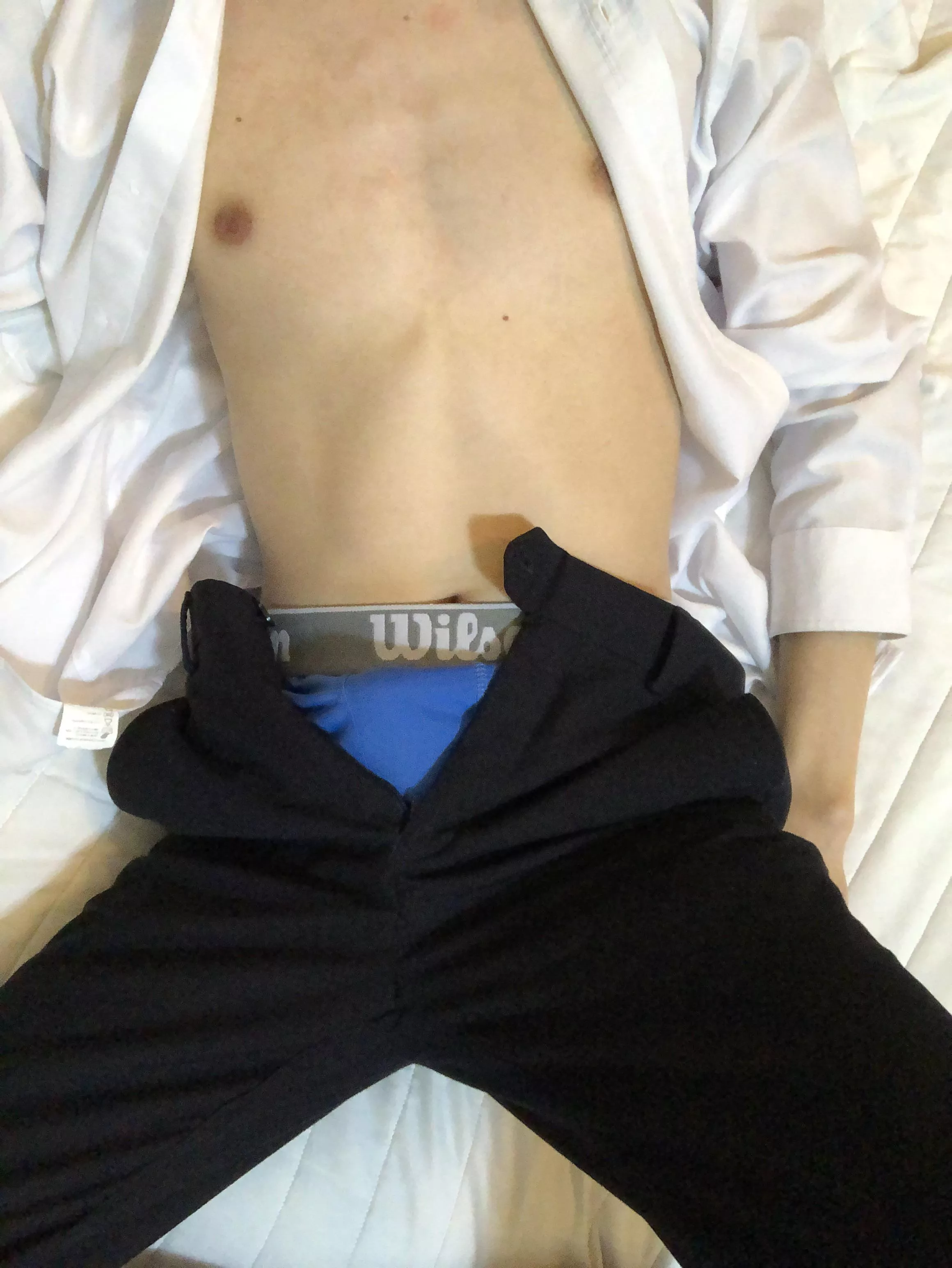 I put my black suit on for college, would you help me take it off?