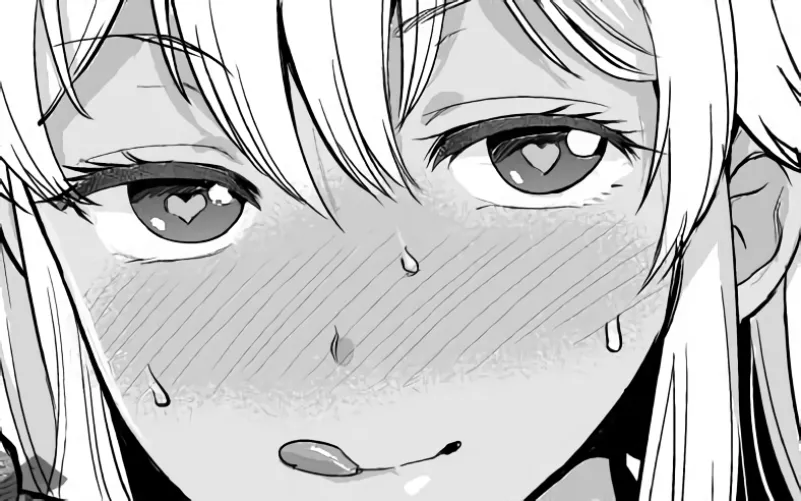 LF Mono Source: 1girl, dark skin, light coloured hair, blush, heart-shaped pupils, heart eyes, smile, tongue out, licking lips, licking upper lip, seductive look, sweat, sweat beads, droplets on face, hair bangs between eyes