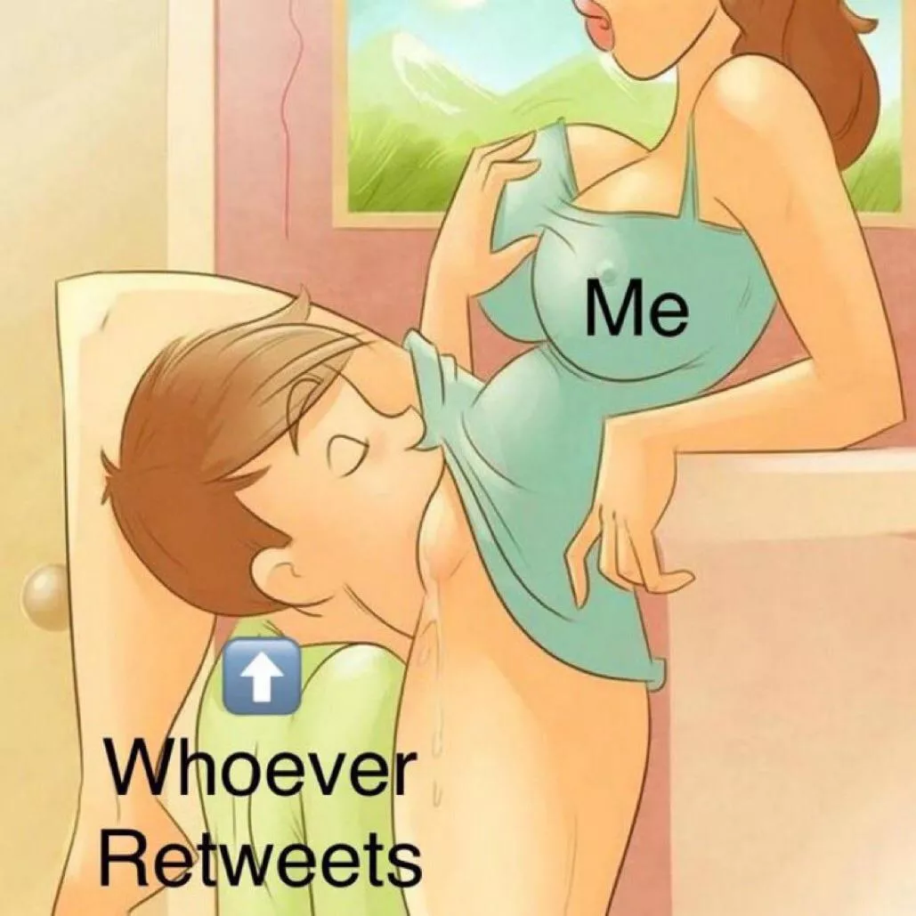 LF Color source: “me”, “whoever retweets”, 1boy, 1girl, blue dress, green shirt, grabbing boob, eating out