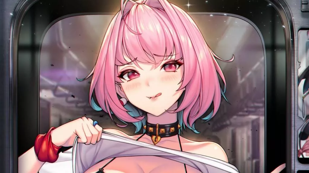 LF Color Source: pink hair, blush, pink eyes, choker, bracelet, raised shirt, ring, big breast, earring, black bra, white shirt, subway.