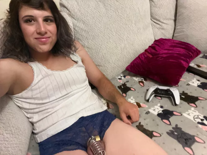 All ready for bed! I couldn’t make myself sissygasm still so I’m staying locked up all night as punishment 😭