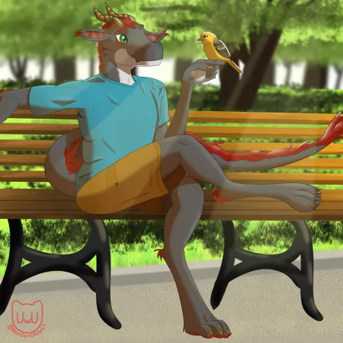 Relaxing in the park with a new friend (art by me, @WonderOfUwU1)