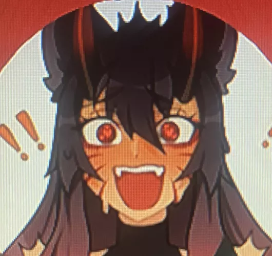 LF Color Source: wolf girl, horns, heart shaped pupils, red eyes, sweating, blushing, surprised, exclamation mark, fangs, wide smile