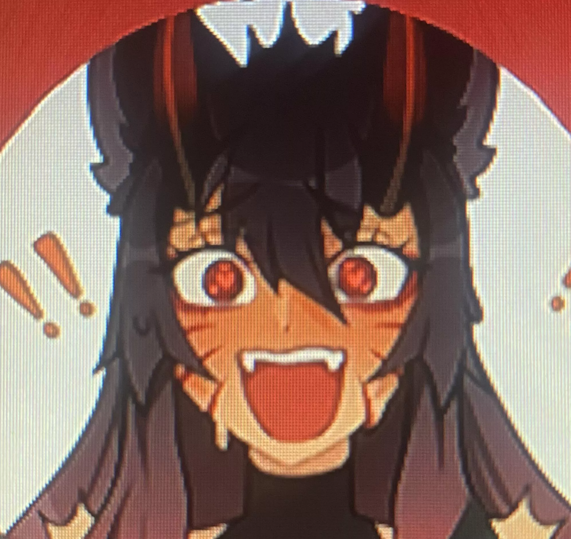 LF Color Source: wolf girl, horns, heart shaped pupils, red eyes, sweating, blushing, surprised, exclamation mark, fangs, wide smile