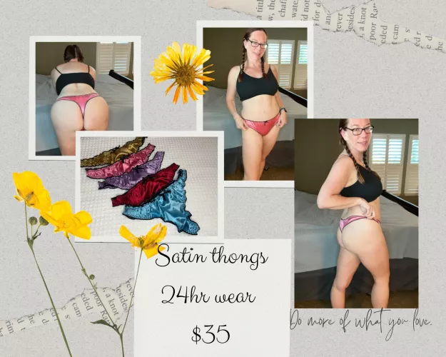 [selling] $35 Looking for some satin briefs? I have some! So soft, so sexy! Choose a color! All of my panties come with at least 24hr wear, a workout and light solo play can be included if desired, and tracked shipping. Add ons are available. See my menu