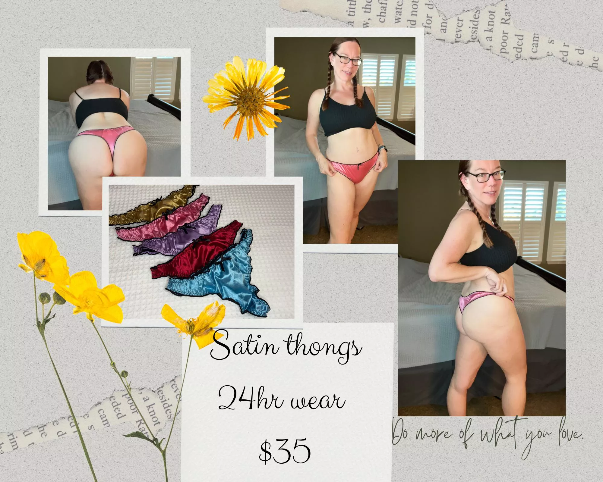 [selling] $35 Looking for some satin briefs? I have some! So soft, so sexy! Choose a color! All of my panties come with at least 24hr wear, a workout and light solo play can be included if desired, and tracked shipping. Add ons are available. See my menu