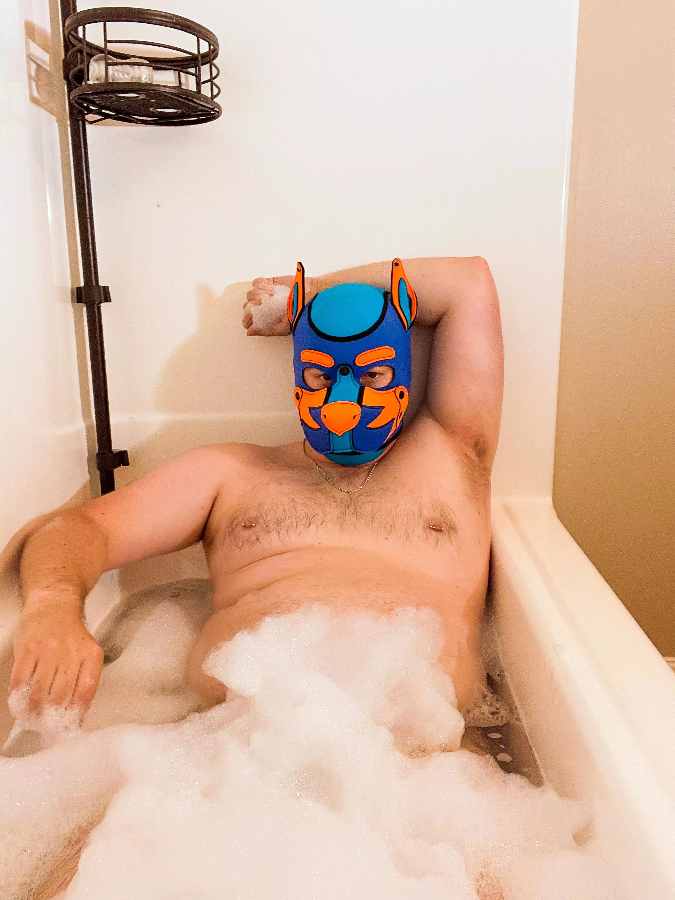 Splish,splash. Rubs a dub in the tub. One hot puppy taking a much needed hot bath.