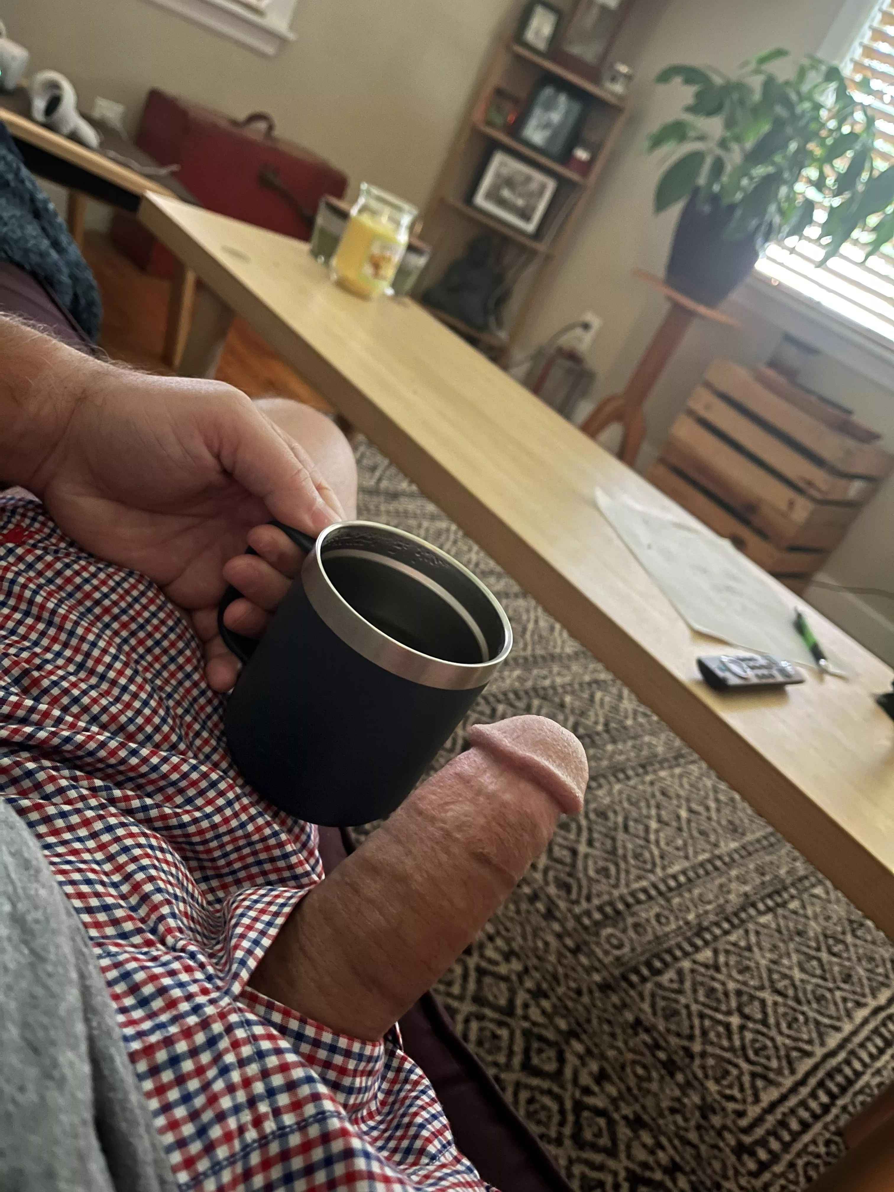 Dad (49) waking up with a little coffee and a big hard on