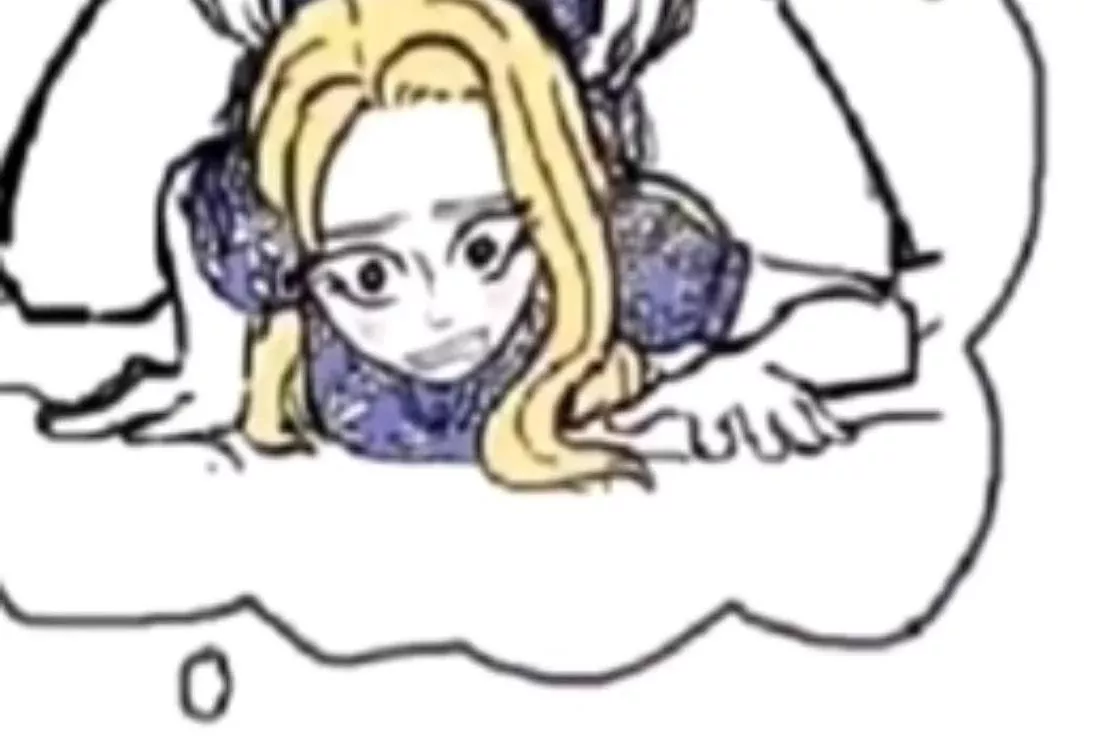 LF Color Source: 1girl, 1boy, meme, blonde hair, sex from behind, purple shirt, open eyes, torso grab/ass grab, doggy style, long hair, blush, text bubble