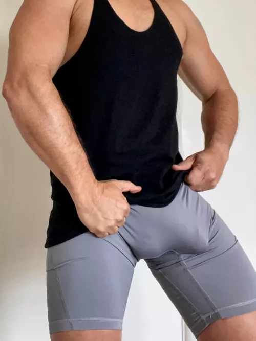 Do you like Daddy's new grey gym shorts? This color makes my butt look big.