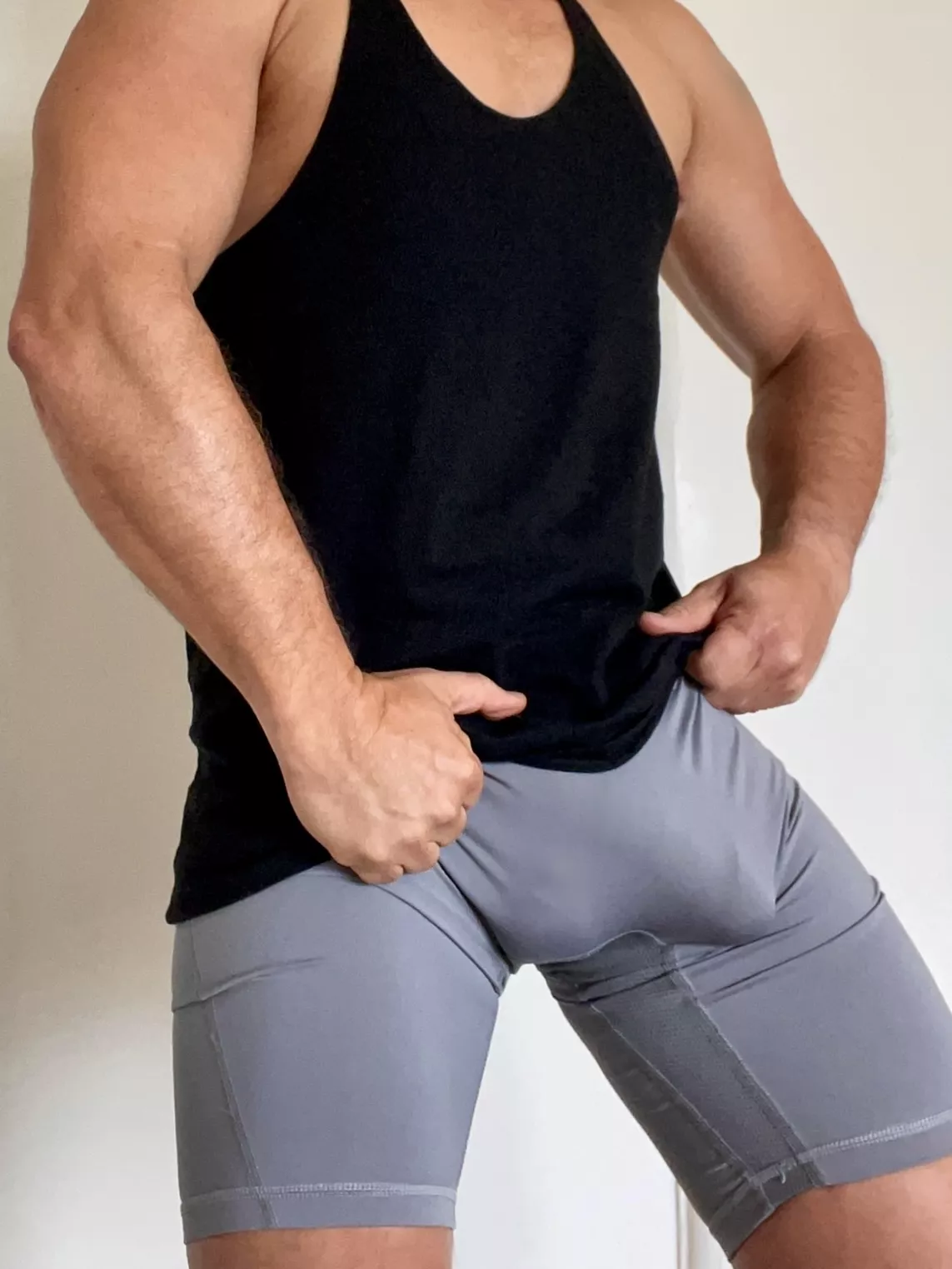 Do you like Daddy's new grey gym shorts? This color makes my butt look big.