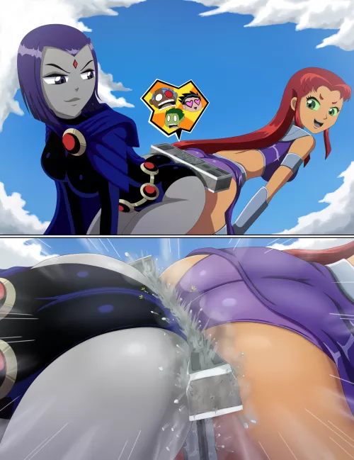Giant Raven & Starfire buttclash (Jenny_the_Huge)