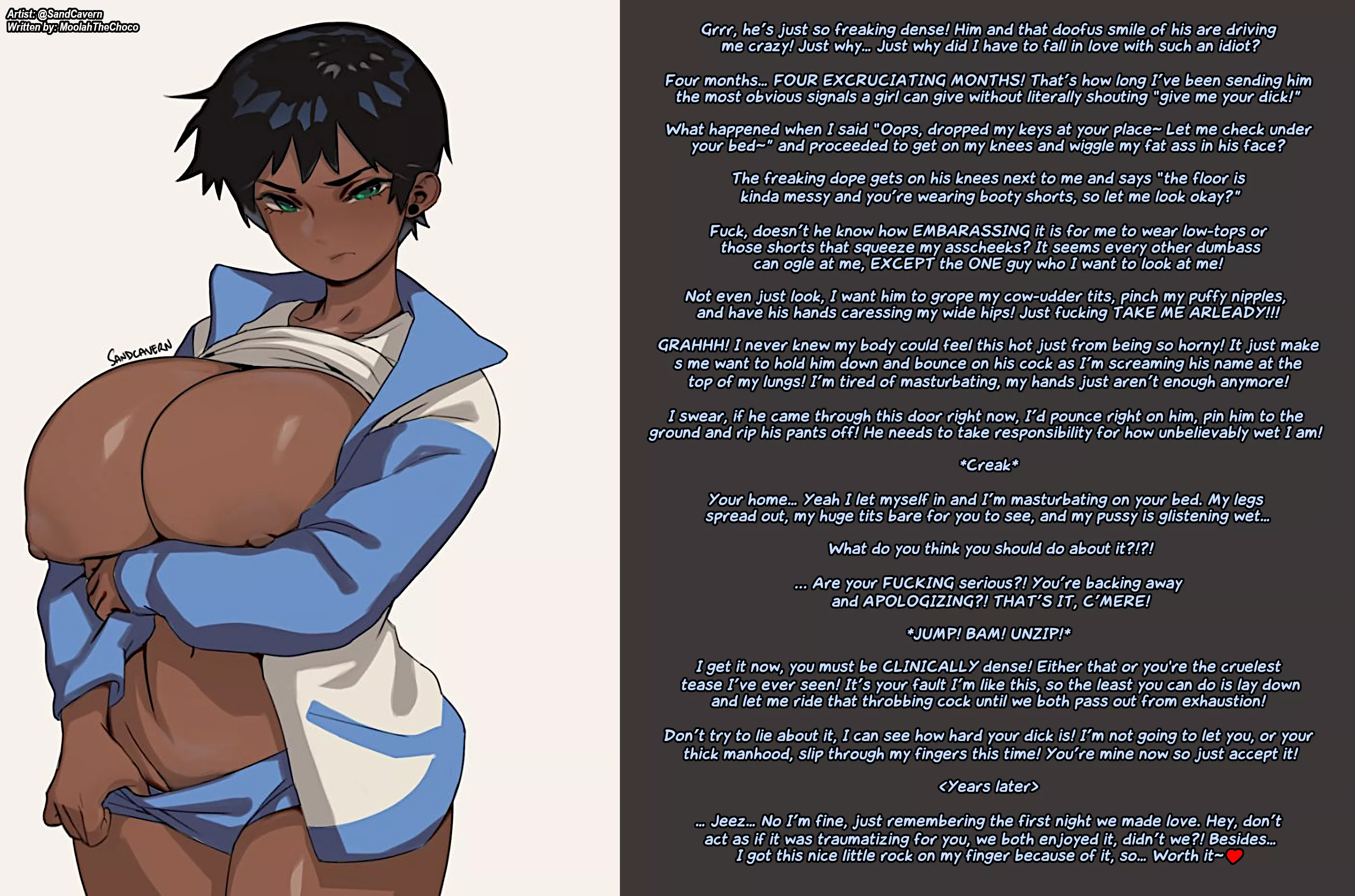 Horny girl is sick of how dense you are... Can you take a hint and take her already! [Romance] [Artist: @sandcavern]