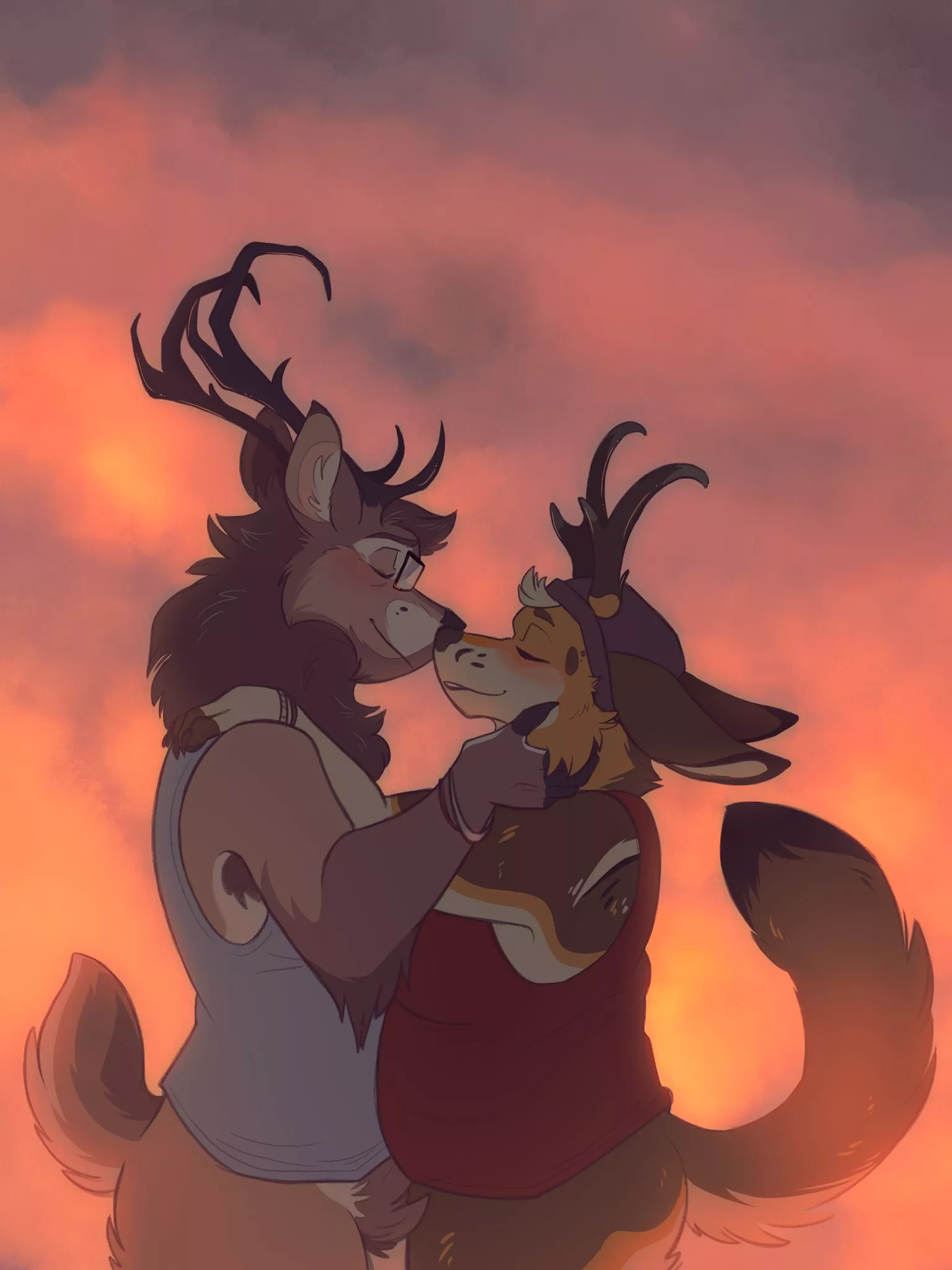 Sunset smooches (art by me @cryptidshadows, both chars he/him)