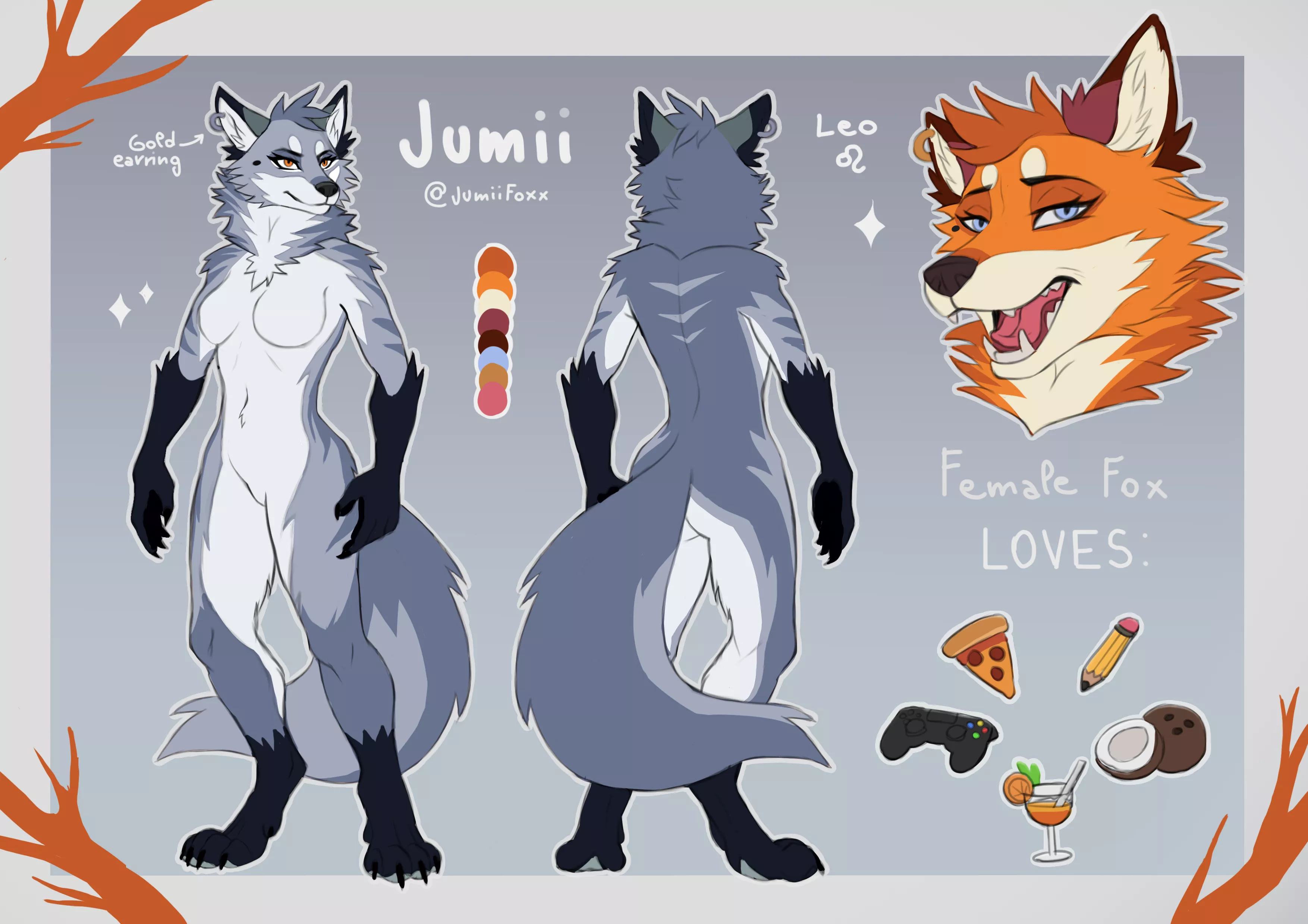 Winter version of my fursona sheet! also my commissions are open! ^^ 🍕 (art by me, @jumiifoxx on Twitter)
