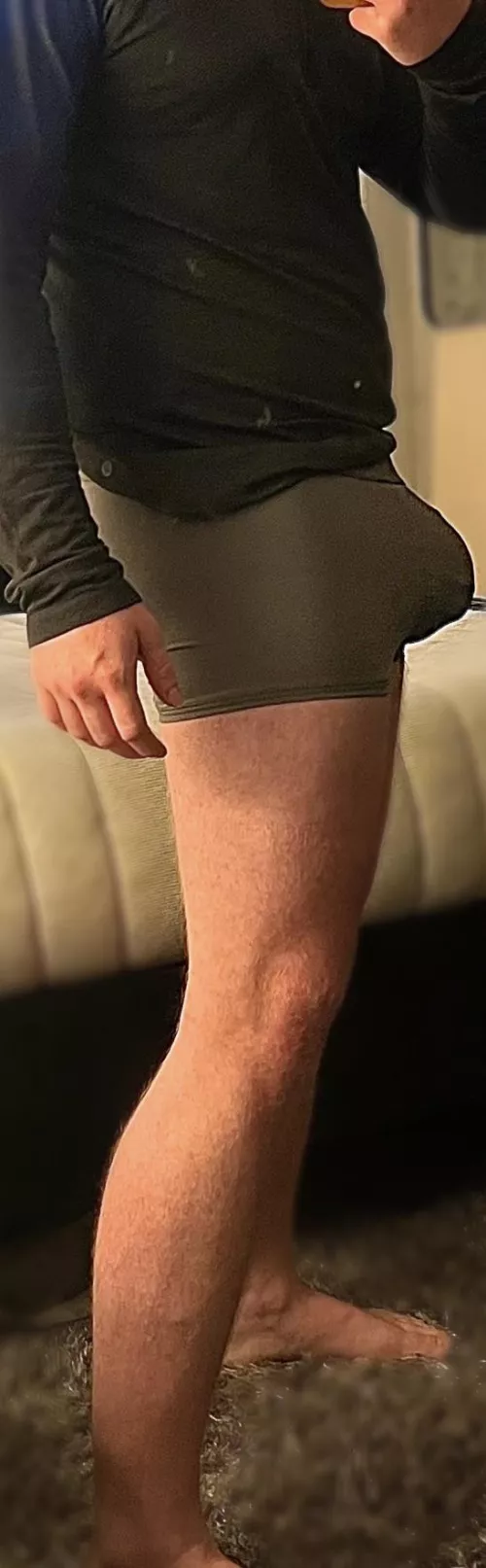 [M21] Wearing Calvins and a cock ring/ ball stretcher combo underneath today.