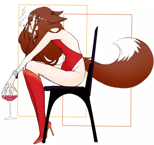 kitsune OC with proud of his stolen glass of wine and cigarette (art by me - SnowyInuk!)