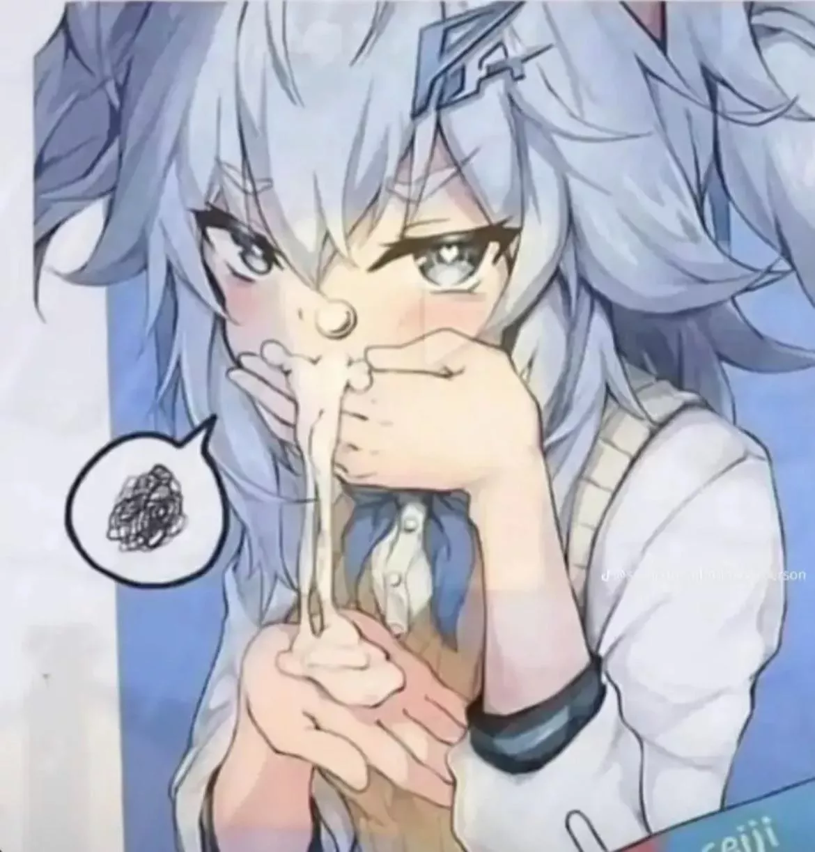 Lf color source: 1girl, blue hair, holding mouth, cum pouring from mouth, white shirt, blue eyes, disgruntled chat bubble.