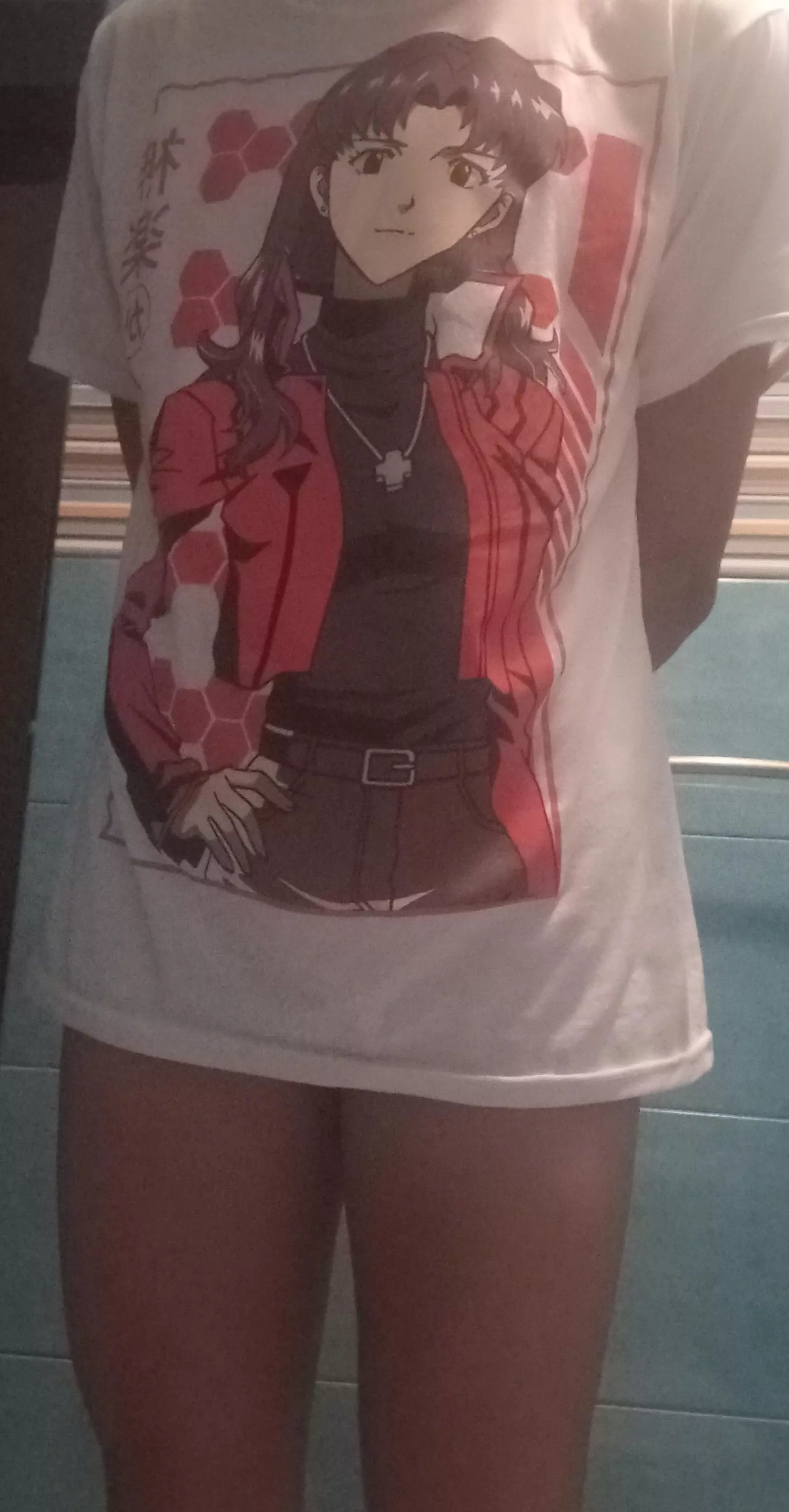 hi hi! do you like my misato shirt? stop looking at my legs please >:{