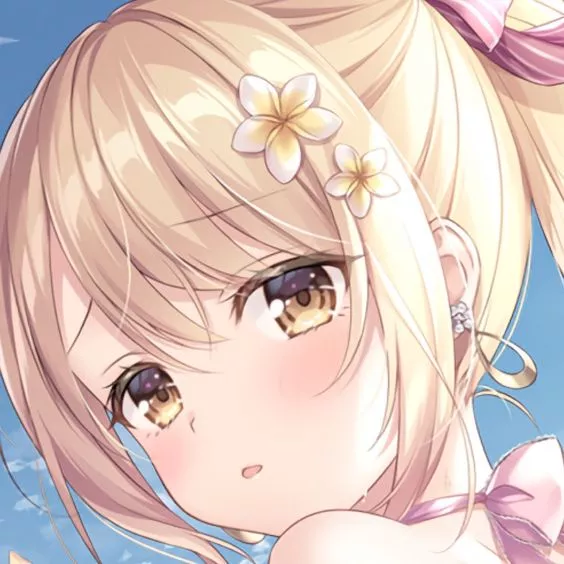 Lf Color Source: 1girl, blonde hair, yellow eyes, ponytail, red stripe ribbon, hair ribbon ornament, hair flower, earrings, sad face, looking back, blue sky, pink ribbon on neck