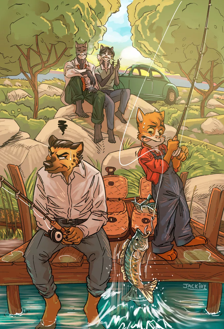 john and neal decided to come with donna and ray fishing :) made for the blackmore charity, a project dedicated to the blacksad universe (art by me)